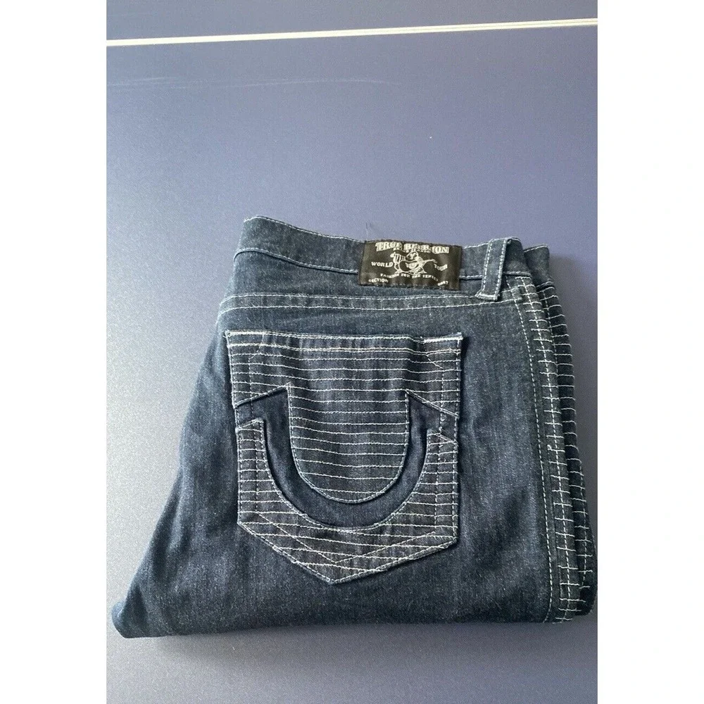True Religion Jeans Men 42X33 Blue Denim‎ Moto Slim Run Stitch Double Knee